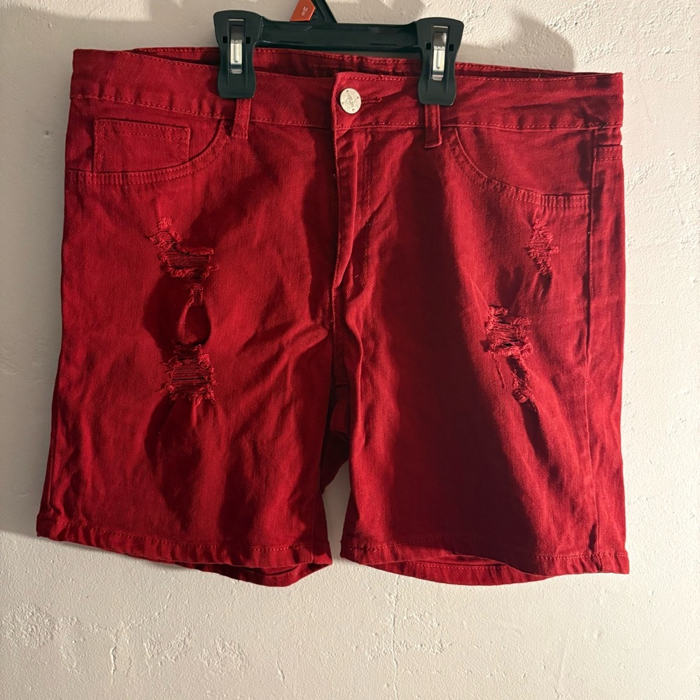 VIP Jeans Red Distressed Denim Shorts Size 13/14 Stretch High Rise